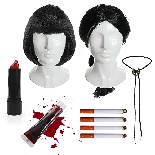 Erwachsene Paare Vincent und Mia Zubehör Set - Lange Schwarze Perücke, Bootlace Krawatte, Schwarze Bob Perücke, Roter Lippenstift, Fake Blood, 4 Fake Zigaretten - Herren Damen Paare TV Film Fasching von I LOVE FANCY DRESS