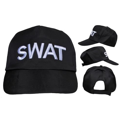 Erwachsene Swat Hat Zubehör - 48 Stück - Schwarze Kappe mit weißem SWAT-Text - Erwachsene Militär Sicherheit Polizei Verkleidung Kostüm Zubehör von I LOVE FANCY DRESS