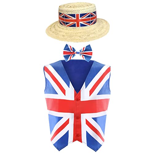 Erwachsene Union Jack Kostüm – XXXL – Union Jack Weste + Union Jack Fliege und Strohhut mit Union Jack Band – König Krönung Kostüm von I LOVE FANCY DRESS