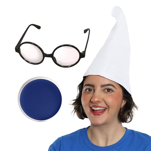 Erwachsenen-Zubehör-Set – 2 Stück – weißer Zwergenhut, runde Brille und blaue Gesichtsfarbe – Erwachsenen-Weltbuchtag Buchwoche Kostümzubehör-Set von I LOVE FANCY DRESS