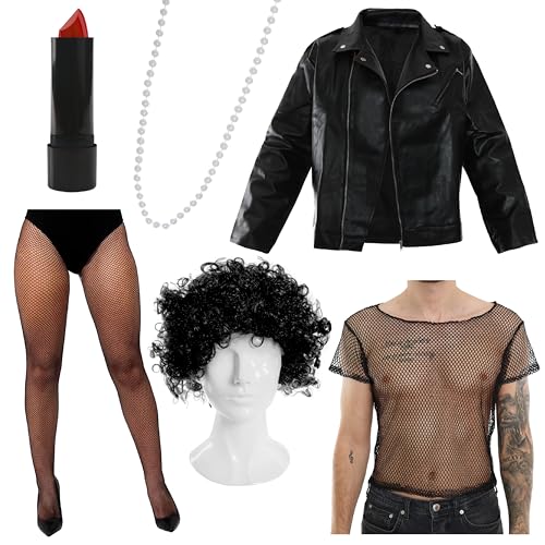 Erwachsenenkostüm Doctor Frank – Größe L – lockige schwarze Afro-Perücke, Lederjacke, schwarzes Netz-Oberteil, schwarze Netzstrumpfhose, Perlenkette, funki roter Lippenstift – perfekt für Halloween von I LOVE FANCY DRESS