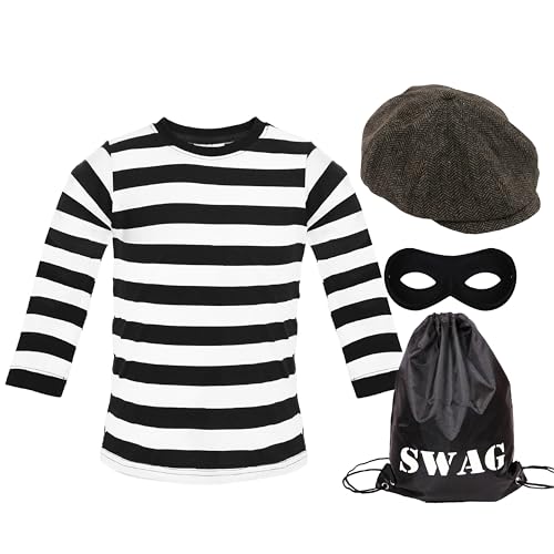 Erwachsenenkostüm Einbrecher – Medium – langärmeliges schwarz-weiß gestreiftes T-Shirt, flache Kappe, schwarze Augenmaske und Swag-Tasche – Herren Damen Weltbuchtag Kostüm von I LOVE FANCY DRESS