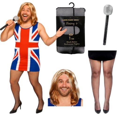 Erwachsenenkostüm Hirschgewürz für Jungen, Union-Jack-Kleid mit passender Perücke, Spielzeug-Mikrofon und Strumpfhose, lustiges 90er-Jahre-Kostüm, für Junggesellenabschiede, Größe XXL Erwachsenenkostüm Hirschgewürz für Jungen, Union-Jack-Kleid mit passender Perücke, Spielzeug-Mikrofon und Strumpfhose, lustiges 90er-Jahre-Kostüm, für Junggesellenabschiede, Größe XXL von I LOVE FANCY DRESS
