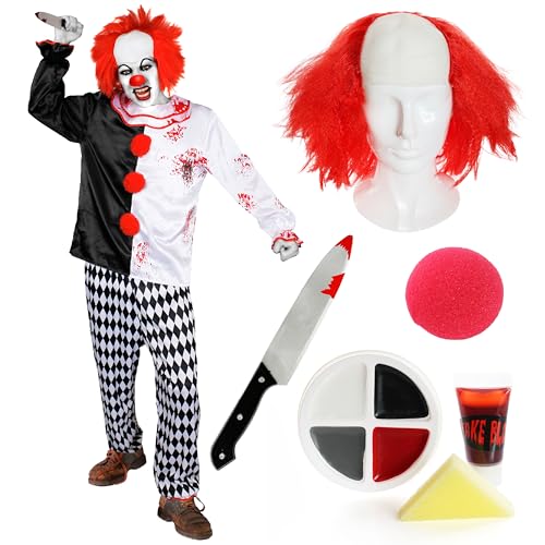 Erwachsenenkostüm Killer-Clown, groß, blutbeflecktes schwarz-weißes Oberteil, karierte Hose, kahle Kappe mit roter Perücke, roter Nase, künstliches Kunststoffmesser, Gesichtsfarbe – Erwachsenenkostüm von I LOVE FANCY DRESS