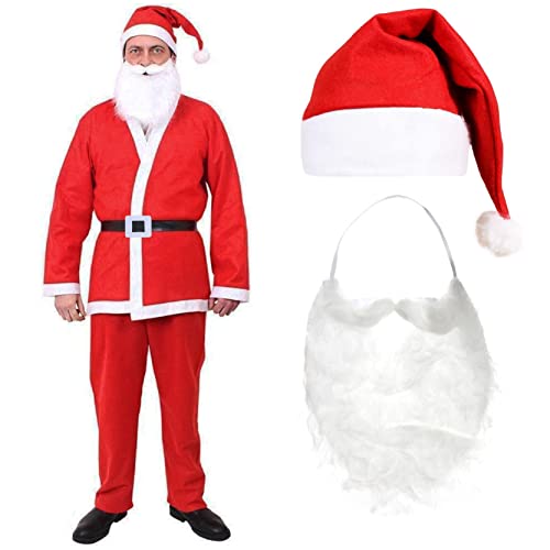 FRÖHLICHES 5-TEILIGES PREISGÜNSTIG-SANTA-ANZUG KOSTÜM FÜR HERREN - ROTE SANTA-JACKE UND HOSE + SCHWARZER BAND GÜRTEL + ROTE SANTA-MÜTZE + ELASTISCHER BART UND SCHNURRBART - GRÖẞE: X-GROẞ von I LOVE FANCY DRESS