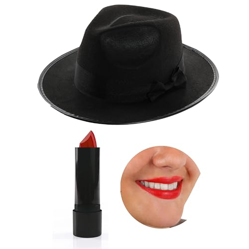 Fedora- und Lippenstift-Zubehör-Set für Erwachsene, 58 cm, schwarzer Fedora-Hut und roter Lippenstift, Musiker-Konzert, Kostümzubehör-Set für Damen von I LOVE FANCY DRESS