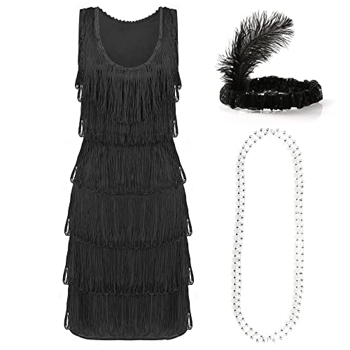 Flapper KOSTÜM FÜR Damen. Kleid MIT FRANSEN AUS DEN 1920ER Jahren IN SCHWARZ MIT PASSENDEM Pailletten Kopfschmuck MIT Feder Charleston DER 20ER Jahre. GRÖẞE: XXL von I LOVE FANCY DRESS