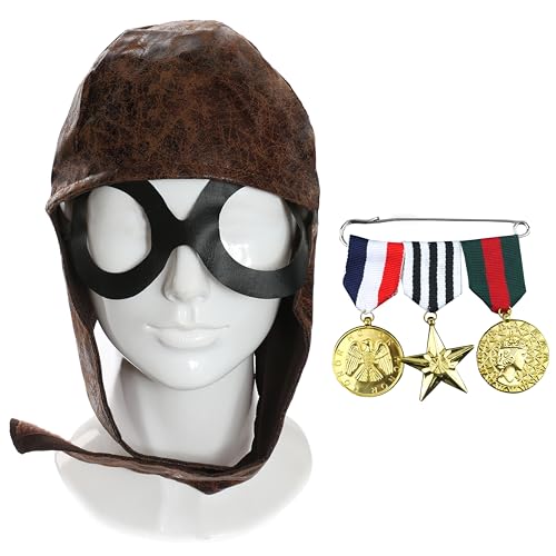 Fliegermütze für Erwachsene – braune 1940er Fliegermütze mit angenähter Brille, Kriegsmedaillen aus Kunststoff – Erwachsenenkostüm zum Welttag der Buchwoche von I LOVE FANCY DRESS