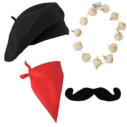 Französisches Set und Kit schwarze Baskenmütze roter Schal Knoblauch Ringe und Schnurrbart Zubehör – Französisches Kostüm Kit Französischer Künstler Französischer Malerset Französisches Set und Kit schwarze Baskenmütze roter Schal Knoblauch Ringe und Schnurrbart Zubehör – Französisches Kostüm Kit Französischer Künstler Französischer Malerset von I LOVE FANCY DRESS