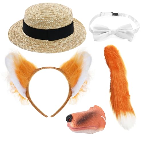 Fuchssocken-Zubehör-Set für Erwachsene, Strohhut, Fuchsohren, Fuchsschwanz, Fuchsnase, weiße Fliege – Herren Damen Weltbuchtag Kostüm von I LOVE FANCY DRESS