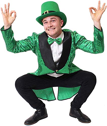 GRÜNES LEPRECHAUN KOSTÜM FÜR ERWACHSENE - GRÜNER PAILLETTEN-FRACK + GRÜNER ZYLINDER MIT SCHNALLE + GRÜNE PAILLETTEN FLIEGE - GLÜCKSBRINGER LEPRECHAUN KOSTÜM FÜR ST. PATRICKS DAY (XX-GROẞ) von I LOVE FANCY DRESS