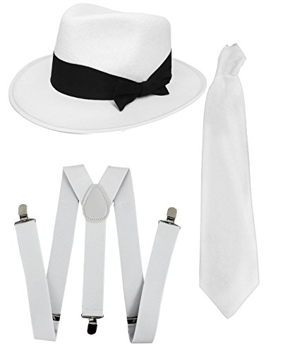 Gangster-Set Kostüm-Zubehör-Set, schwarzer oder weißer Trilby-Hut + weiße Hosenträger + weiße Krawatte + Mob Gster Herren Al Capone (weißer Hut) von I LOVE FANCY DRESS