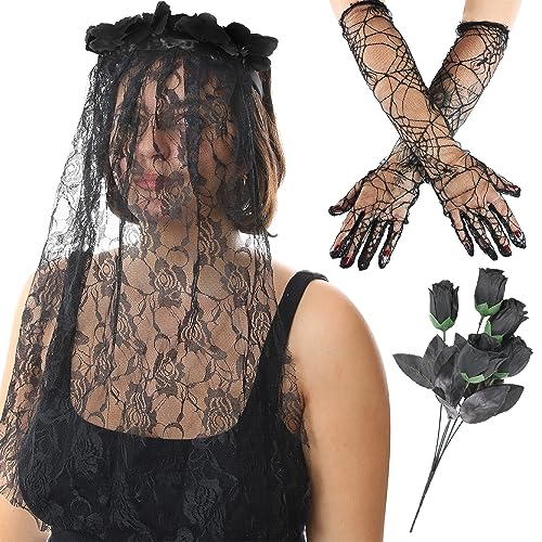 Geisterbraut Zubehör-Set – Schwarzer Spitzenschleier auf einem schwarzen Blumenstirnband, schwarzen Spitzen-Spinnennetz-Handschuhen und schwarzen Rosenstrauß – perfekt für Halloween-Kostümpartys von I LOVE FANCY DRESS