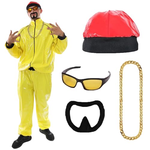 Gelbes Rapper-Kostüm für Erwachsene – klein – gelber & schwarzer Schalenanzug + roter Hut + Sonnenbrille + Goldkette + schwarzer Ziegenbart – lustiges 90er-Jahre-Rapper-Kostüm für Halloween, von I LOVE FANCY DRESS