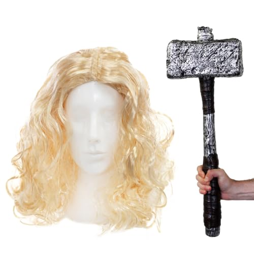 God of Thunder Zubehör Set - Lange blonde Perücke & Bart und Kunststoff Hammer Prop - Erwachsene Superhelden Kostüm Zubehör Set von I LOVE FANCY DRESS