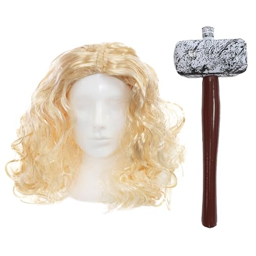 God of Thunder Zubehör Set - Lange blonde Perücke & Bart und aufblasbare Hammer Prop - Erwachsene Superhelden Kostüm Zubehör Set von I LOVE FANCY DRESS