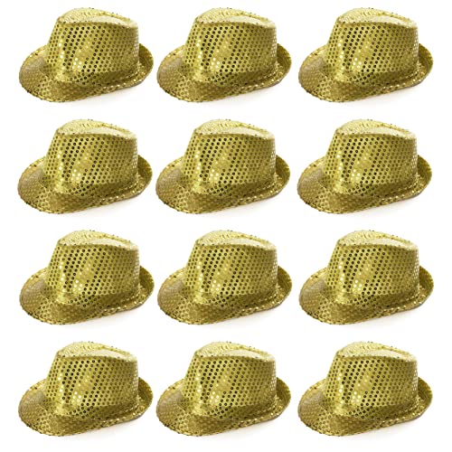 Goldener Trilby-Hut – Fedora-Hut mit goldenen Pailletten, 1920er Jahre Gangster-Kostüm, Unisex-Accessoire, perfekt für Sportveranstaltungen, Tanzshows, Partys und Kostümveranstaltungen – 12 Stück von I LOVE FANCY DRESS