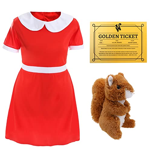 Goldenes Ticketsieger-Kostüm für Kinder, Größe XL, rotes Kleid mit weißem Kragen, goldene Ticket-Requisite und Eichhörnchen-Plüsch, perfekt für den Welttag des Buches und andere Kostümveranstaltungen von I LOVE FANCY DRESS