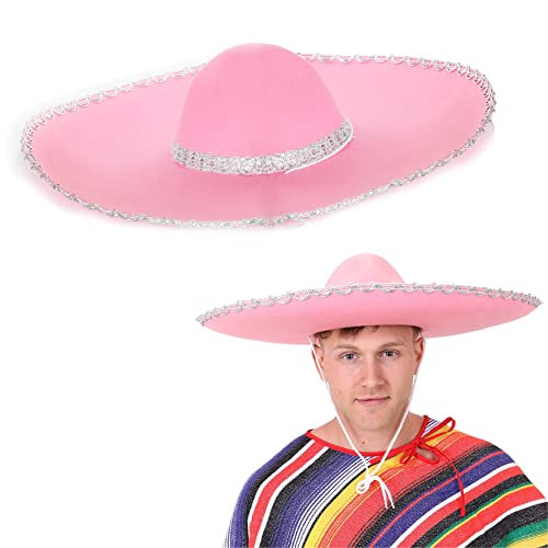 Großer rosa mexikanischer Sombrero – 1 Stück – Jumbo Pink Filz Sombrero mit silberfarbenem Rand – Erwachsene Mexiko Mariachi Junggesellinnenabschied Cinco de Mayo Fiesta Kostüm Zubehör von I LOVE FANCY DRESS