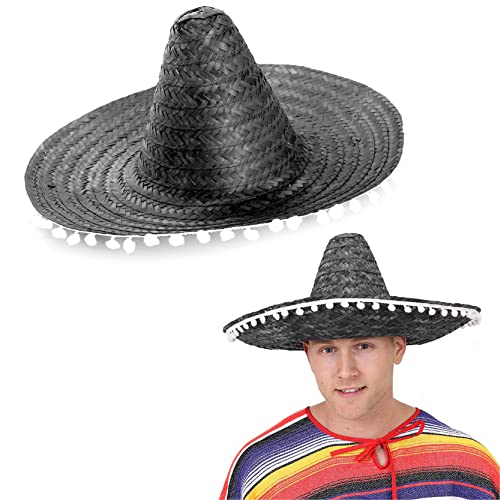 Großhandel Mexikanische Sombreros - 24 Stück - Schwarzer Sombrero mit weißem Bommelrand - Mexiko Cinco de Mayo Mariachi Fiesta Kostüm Zubehör von I LOVE FANCY DRESS