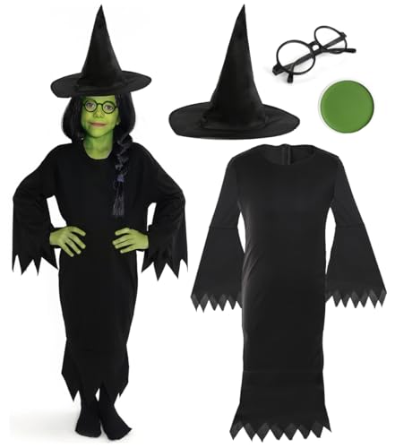 Grünes Hexenkostüm für Mädchen – groß – schwarzes Kleid, grüne Gesichtsfarbe, schwarzer Hexenhut und Kreisbrille – perfekt für den Welttag des Buches und Halloween von I LOVE FANCY DRESS