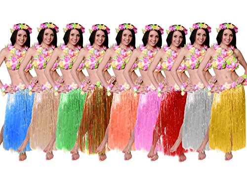 HAWAII 5 TEILIGES SET BASTROCK HULA SKIRT IN 10 VERSCHIEDENEN FARBEN = VON ILOVEFANCYDRESS®= MIT 10 VERSCHIEDEN FARBENDEN BLUMEN LEI KETTEN = ERHALTBAR IN DEN LÄNGEN VON 40cm UND 80cm = SUPER HULA LEI KOSTÜM FÜR EINE LUAU VERKLEIDUNG = BESTELLEN SIE DEN BLUMEN BH GLEICH MIT FÜR DIE PERFEKTE POOL ODER SOMMER PARTY GENAUERE ANGABEN SIEHE DETAIL = 80cm MEHRFARBIGER BASTROCK MIT BUNTEM LEI SET von I LOVE FANCY DRESS