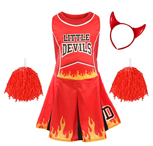 Halloween-Cheerleader-Set für Mädchen, Größe M, enthält ein rotes und schwarzes Cheerleader-Kleid mit Flammen-Design, roten Pompons und roten Teufelshörnern von I LOVE FANCY DRESS