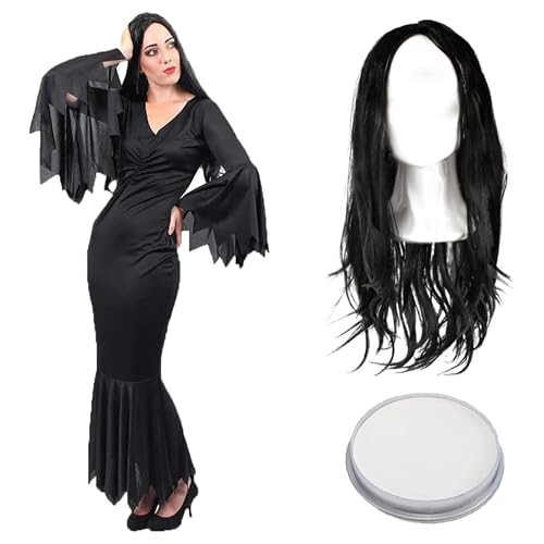 Halloween-Gothic-Kostüm für Damen, langes schwarzes Kleid mit gezackten Kanten, lange schwarze Perücke und weiße Schminke, Vampirkostüm für Damen für TV, Film, Halloween, Größe XXXL von I LOVE FANCY DRESS