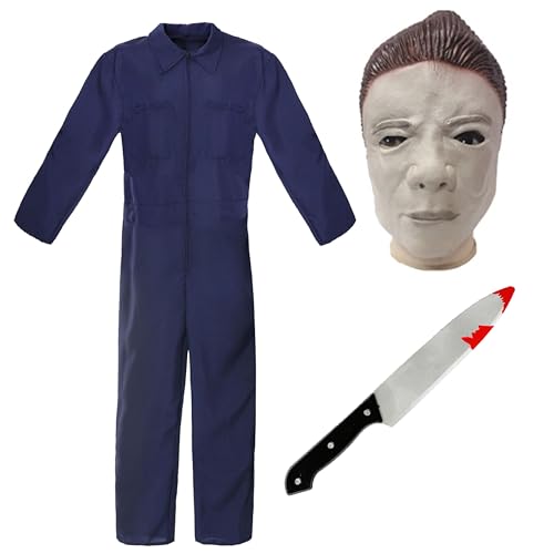 Halloween Killer Kostüm für Erwachsene - Groß - Blauer Overall Gummimaske Fake Messer - Erwachsene Halloween TV Film Faschingskostüm von I LOVE FANCY DRESS