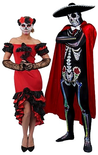 Halloween-Kostüm Tag der Toten für Paare, Zuckerschädel Senor mit Sombrero & Velours-Umhang / Damen-Senorita-Kleid mit Maske und schwarzen Rosen – mexikanisches Kostüm (Damen, M, Herren: XXL) von I LOVE FANCY DRESS