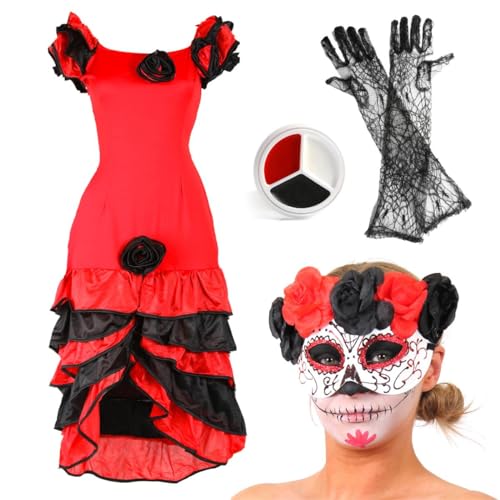 Halloween-Kostüm für Damen, Tag der Toten, Größe 44-46, Zuckerschädel, Senorita-Kostüm, rotes und schwarzes Rumba-Kleid + Zucker-Totenkopf-Maske + lange Netzhandschuhe + Gesichtsfarbe von I LOVE FANCY DRESS