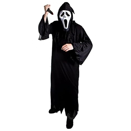 Halloween-Kostüm für Erwachsene – Größe M – schwarzer Robe, Screamer-Maske und künstliche Kunststoff-Messer-Requisite – Halloween-Kostüm für Erwachsene von I LOVE FANCY DRESS