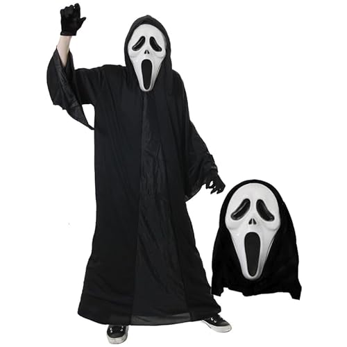 Halloween-Kostüm für Erwachsene – groß – schwarzer zerlumpter Robe, Screamer-Maske und schwarze Handschuhe – Halloween-Kostüm für Erwachsene von I LOVE FANCY DRESS