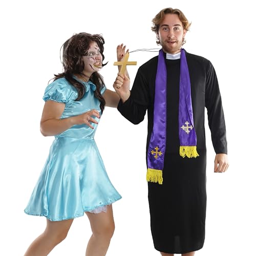 Halloween-Kostüm für Paare, Exorzist und besessenes Mädchen, Priestermantel, Schal und schwarzer Hut & braune Perücke, Kleid, Gesichtsfarbe und Kunstblut (Größe L + XL) von I LOVE FANCY DRESS