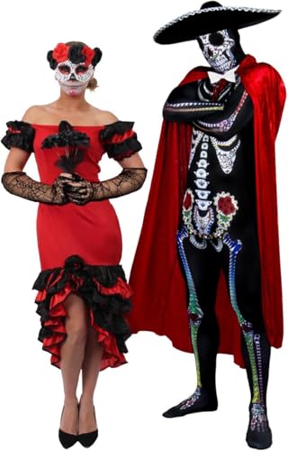 Halloween-Kostüm für Paare, Totenkopf-Kostüm für Paare, Zuckerschädel Senor mit Sombrero und Velours-Umhang, Damen-Senorita-Kleid mit Maske und schwarzen Rosen, mexikanisches Kostüm von I LOVE FANCY DRESS