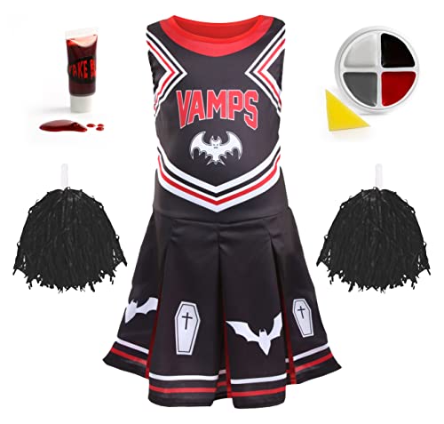 Halloween-Vampir-Cheerleader-Kostüm für Mädchen, Größe M, schwarzes Cheerleader-Kleid mit roten Pompons, Kunstblut und Gesichtsfarbe, Kinderkostüm für Halloween, Süßes oder Saures von I LOVE FANCY DRESS