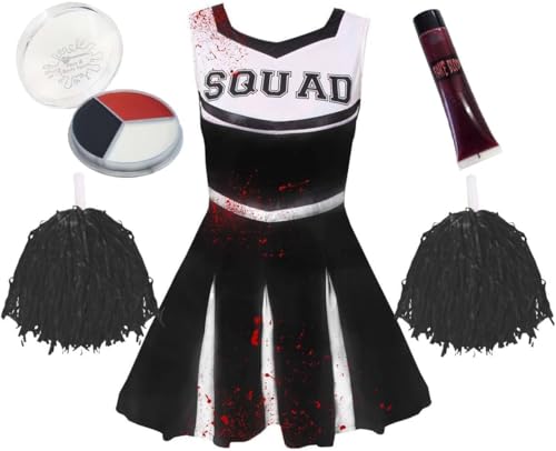 Halloween-Zombie-Cheerleader-Kleid für Mädchen, Größe S, schwarzes Cheer-Kleid, schwarze Pompons, Kunstblut, Gesichtsfarbe, Halloween-Kostüm für Mädchen von I LOVE FANCY DRESS