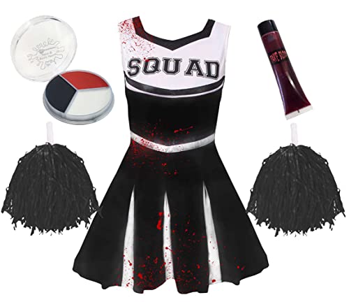 Halloween Zombie-Cheerleader-Kostüm und Zubehör für Mädchen, rotes Freudenoutfit für Kinder, bestehend aus einem kurzen Kleid, 2 Pompons, Kunstblut und Gesichtsbemalung von I LOVE FANCY DRESS