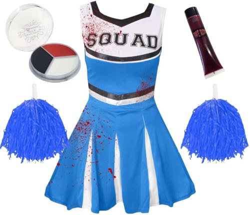 Halloween Zombie-Cheerleader-Kostüm und Zubehör für Mädchen, rotes Freudenoutfit für Kinder, bestehend aus einem kurzen Kleid, 2 Pompons, Kunstblut und Gesichtsbemalung von I LOVE FANCY DRESS