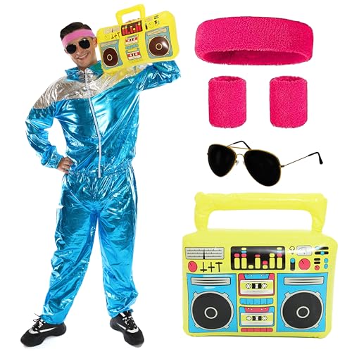 Herren 80er Jahre Kostüm – XX-Large – Blauer Shellsuit, neonpinkes Stirnband und passende Armbänder, schwarze Sonnenbrille, aufblasbare Boombox – Erwachsene 1980er Jahre Hip Hop Retro Trainingsanzug von I LOVE FANCY DRESS