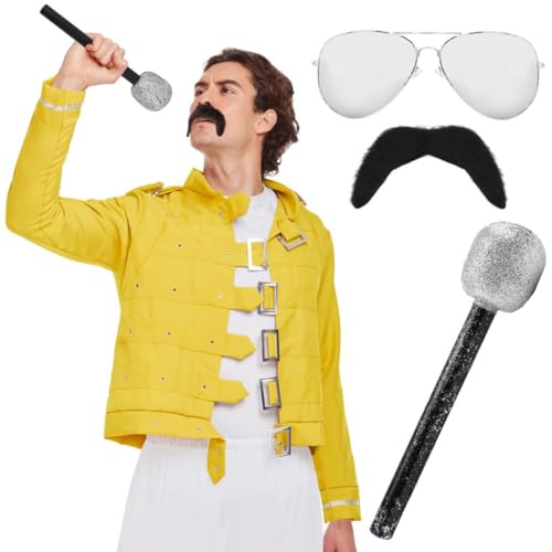 Herren 80er Jahre Rock Legend Kostüm – gelbe Jacke, Brille, Schnurrbart & Mikrofon – Verkleidung Outfit inspiriert von Musik-Ikonen für Halloween, Junggesellenabschiede & 1980er-Jahre-Partys Herren 80er Jahre Rock Legend Kostüm – gelbe Jacke, Brille, Schnurrbart & Mikrofon – Verkleidung Outfit inspiriert von Musik-Ikonen für Halloween, Junggesellenabschiede & 1980er-Jahre-Partys von I LOVE FANCY DRESS