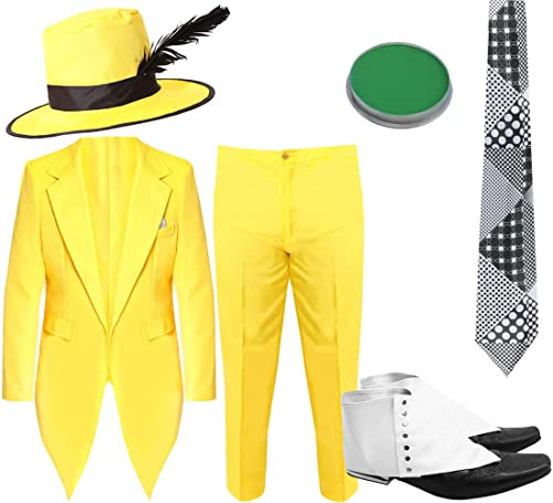 Herren-Anzug mit Mütze, Gelb Gelbe Jacke + gelbe Hose + gelber Hut mit schwarzem Band und Federn + schwarze Krawatte + Spatz + grüne Gesichtsfarbe Größe: XL von I LOVE FANCY DRESS