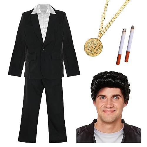 Herren Saturday Fever Kostüm – Medium – schwarzer Anzug, weißes Disco-Shirt, schwarze Perücke, 2 gefälschte Zigaretten und goldene Halskette – perfekt für Filmfiguren und andere Kostümveranstaltungen von I LOVE FANCY DRESS