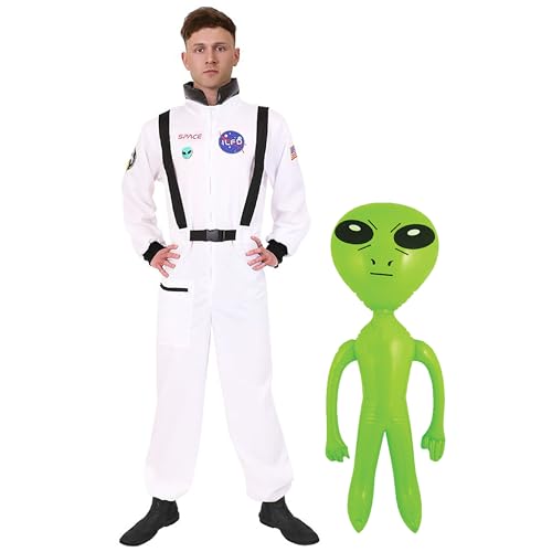 I LOVE FANCY DRESS Astronauten-Kostüm für Erwachsene mit Alien, Größe S, weißer Astronauten-Overall und aufblasbarer grüner Alien, perfekt für den Welttag des Buches von I LOVE FANCY DRESS