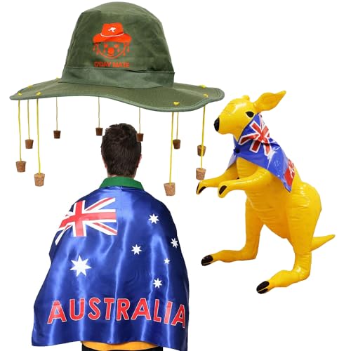 I LOVE FANCY DRESS Australia Day Kostüm-Set – Aussie-Flagge + australischer Korkhut mit Koala-Print + aufblasbares gelbes Känguru von I LOVE FANCY DRESS