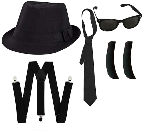 I LOVE FANCY DRESS Blues Brother-KOSTÜMSET FÜR Erwachsene - SCHWARZER Trilby-Hut, Sonnenbrille, SEITENBRAND, Schwarze Krawatte UND Halter (58 cm) von I LOVE FANCY DRESS