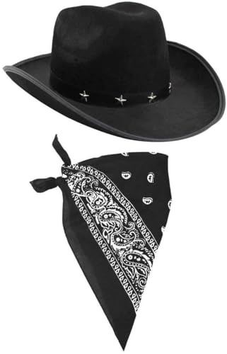 I LOVE FANCY DRESS Cowboy KOSTÜM ZUBEHÖR Set KOSTÜM SCHWARZER STERNENZIERNAGEL Cowboy Hut & SCHWARZER Paisley Bandana WILD West Western Sheriff Bandana von I LOVE FANCY DRESS