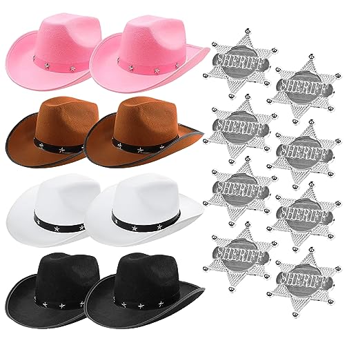 I LOVE FANCY DRESS Cowboy-Party-Set für Erwachsene, 16-teiliges Set, 8 verschiedene Cowboyhüte (Rosa, Braun, Weiß, Schwarz), 8 x gefälschte Sheriff-Abzeichen – Cowboy-Cowgirl-Kostüm-Zubehör-Set für von I LOVE FANCY DRESS