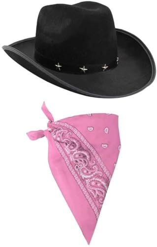 I LOVE FANCY DRESS Cowboyhut & Halstuch Zubehör Schwarz Stern besetztes & rosa Paisley Bandana Wild West Western Sheriff Kostüm Set von I LOVE FANCY DRESS