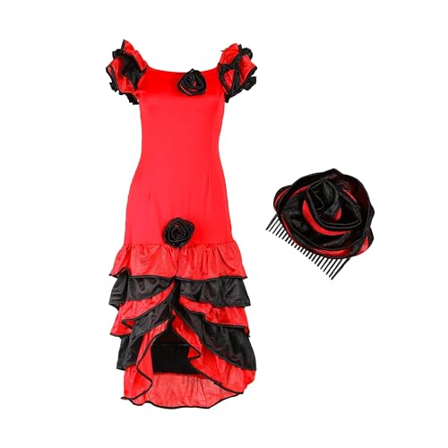 I LOVE FANCY DRESS Damen Rumba Kleid KOSTÜM Damen ROT & SCHWARZ SPANISCH Salsa Outfit RÜSCHEN Kleid + Rose HAARTEIL (X-GROẞ) von I LOVE FANCY DRESS